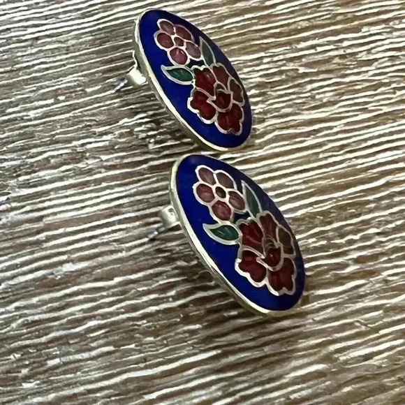 Vintage Cloisonné Enamel Floral Studs Oval Egg Shape Gold Tone Earrings Blue Red - Picture 4 of 4